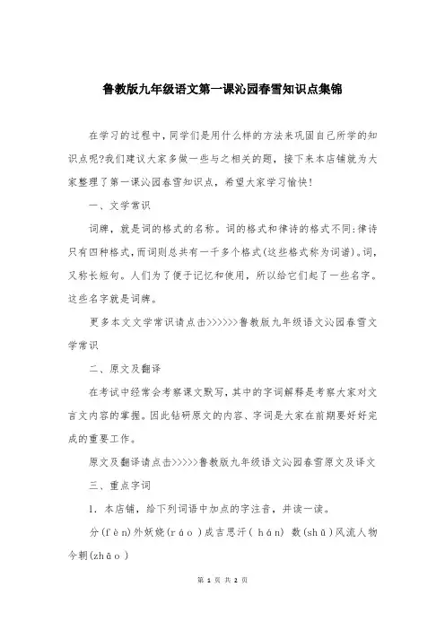 鲁教版九年级语文第一课沁园春雪知识点集锦
