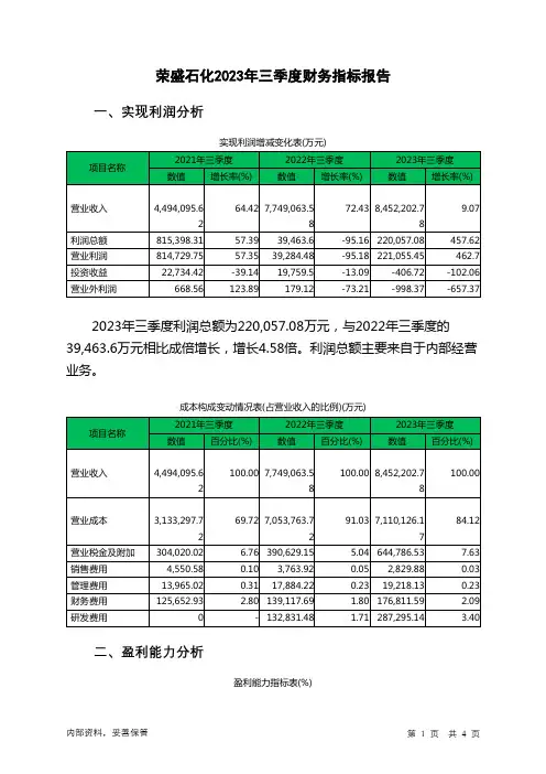 002493荣盛石化2023年三季度财务指标报告