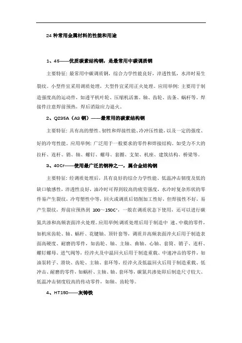 24种常用金属材料的性能和用途