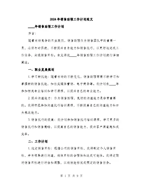 2024年销售助理工作计划范文(4篇)