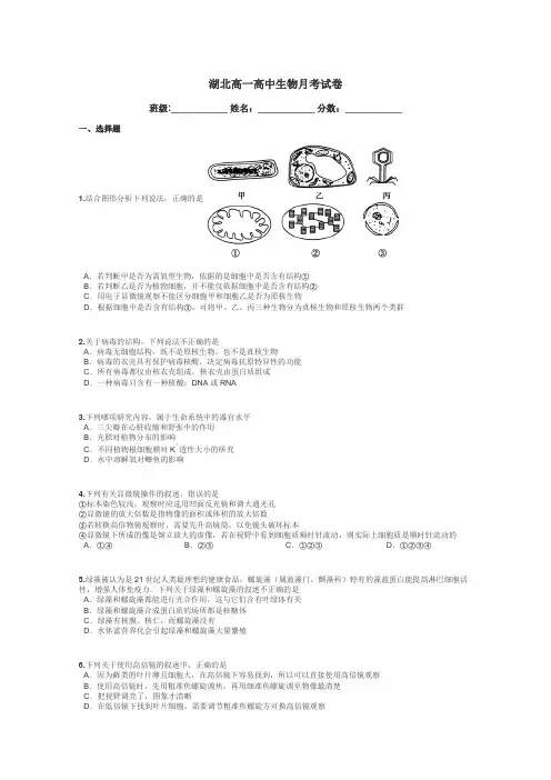 湖北高一高中生物月考试卷带答案解析
