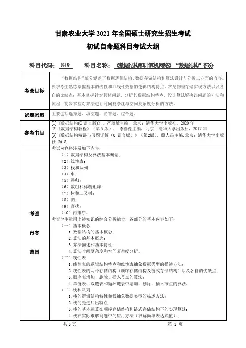 甘肃农业大学849数据结构和计算机网络(“数据结构”部分)2021年考研专业课初试大纲