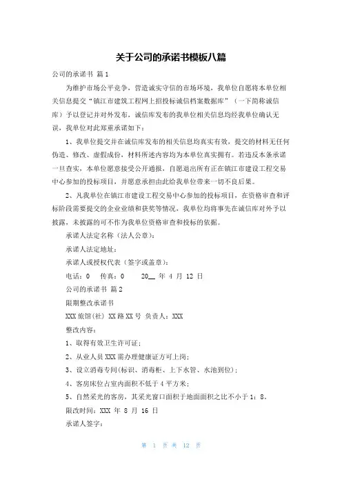 关于公司的承诺书模板八篇