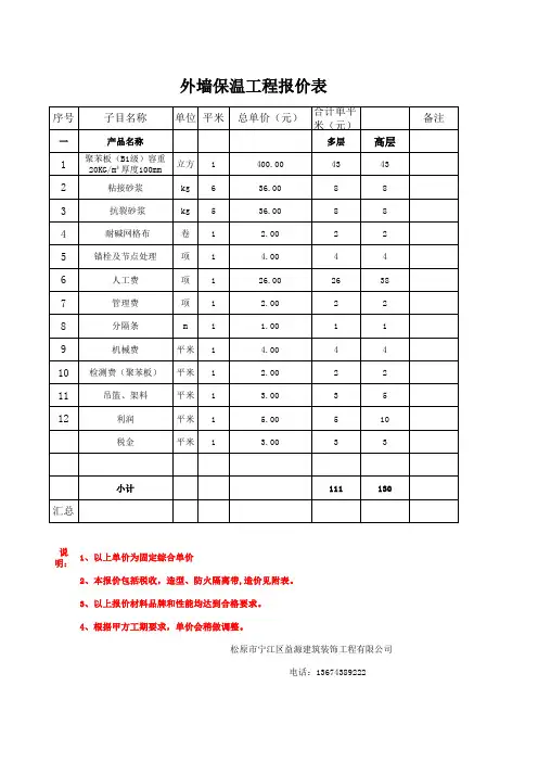 外墙保温报价表--