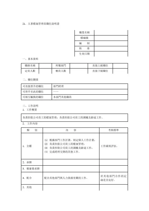 人事档案管理员职位说明书
