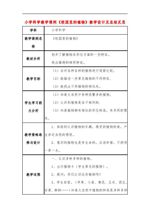 小学科学教学课例《校园里的植物》课程思政核心素养教学设计及总结反思