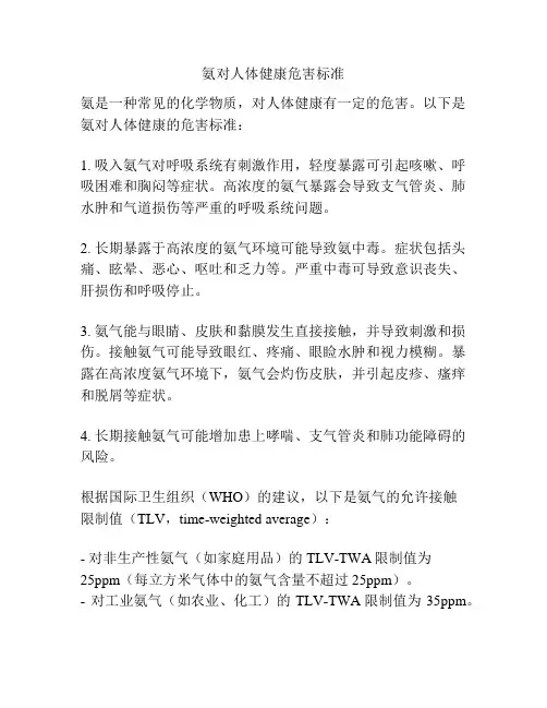 氨对人体健康危害标准