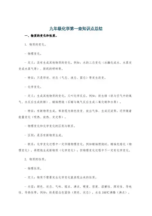九年级化学第一章知识点总结