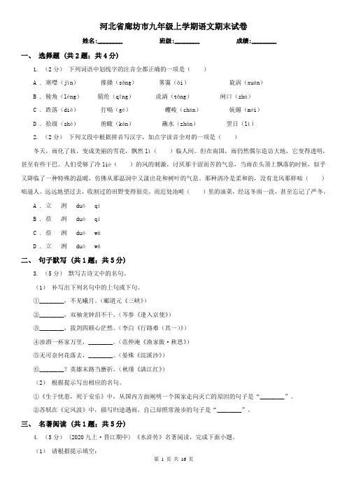 河北省廊坊市九年级上学期语文期末试卷