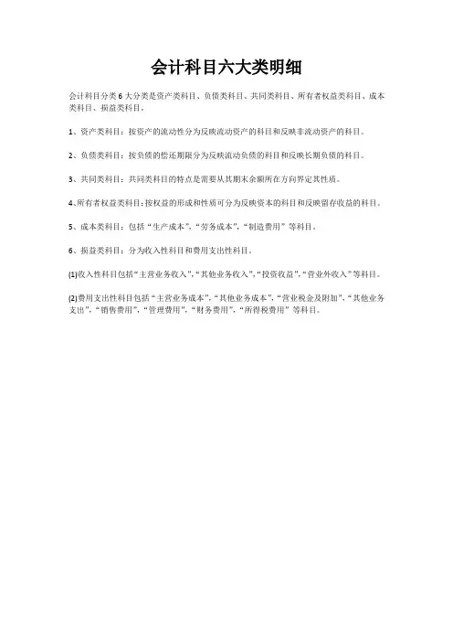 会计科目六大类明细