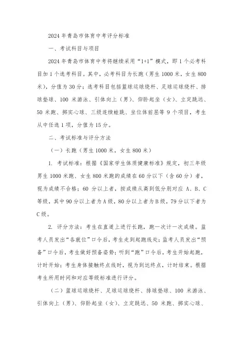 2024年青岛市体育中考评分标准