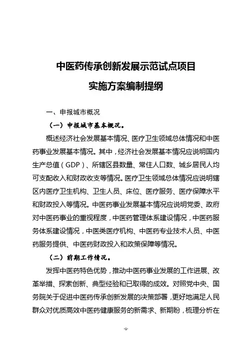 中医药传承创新发展示范试点项目实施方案编制提纲