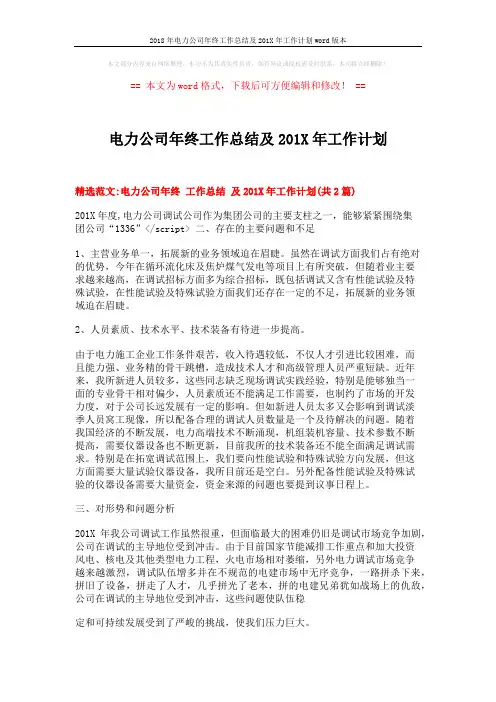 2018年电力公司年终工作总结及201X年工作计划word版本 (5页)