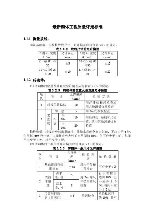 最新砌体工程质量评定标准