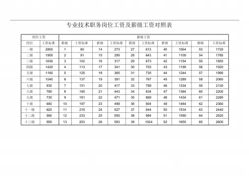 专业技术职务岗位工资与薪级工资对照表