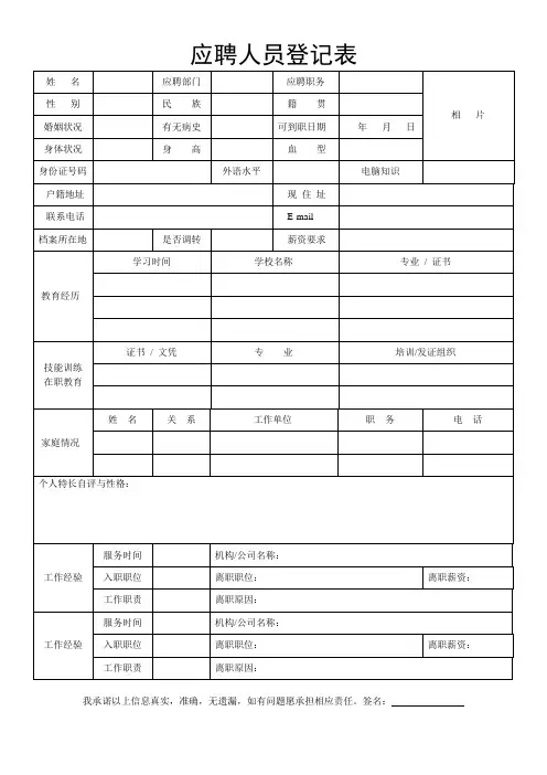 公司招聘新员工应聘人员登记表