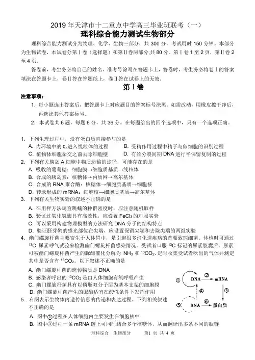 2019天津市十二校联考一模生物试卷