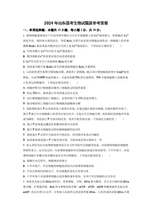 2024年山东高考生物试题及参考答案