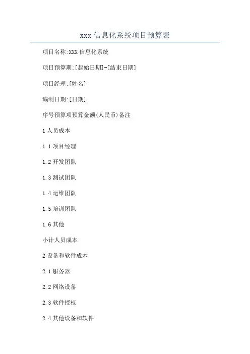 xxx信息化系统项目预算表