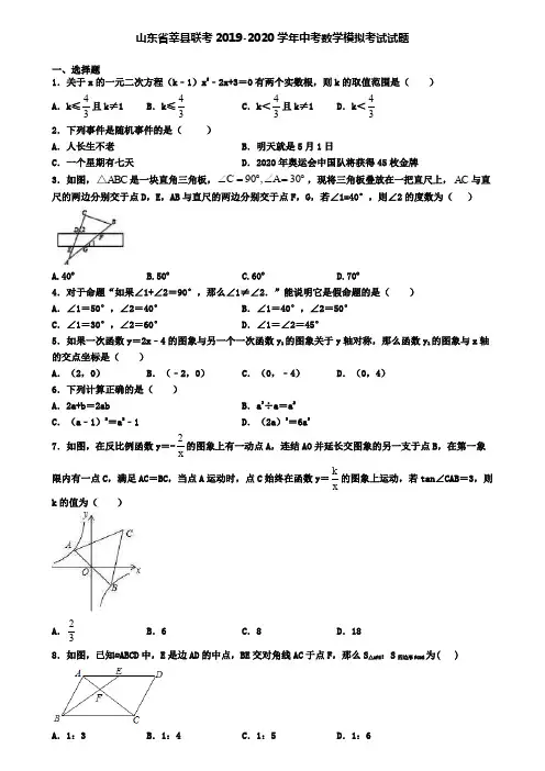 山东省莘县联考2019-2020学年中考数学模拟考试试题