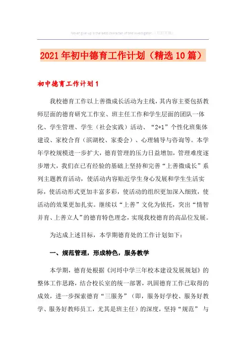 2021年初中德育工作计划(精选10篇)