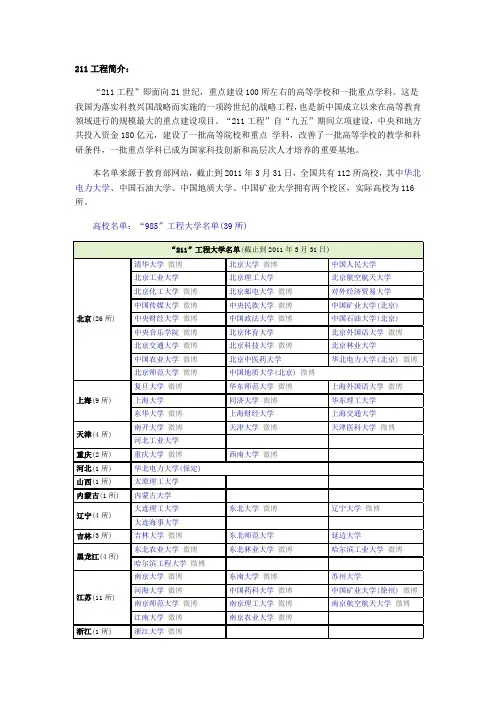 中国211名单和985名单