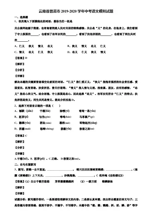 云南省普洱市2019-2020学年中考语文模拟试题含解析