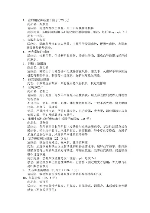 医院眼科常用药物