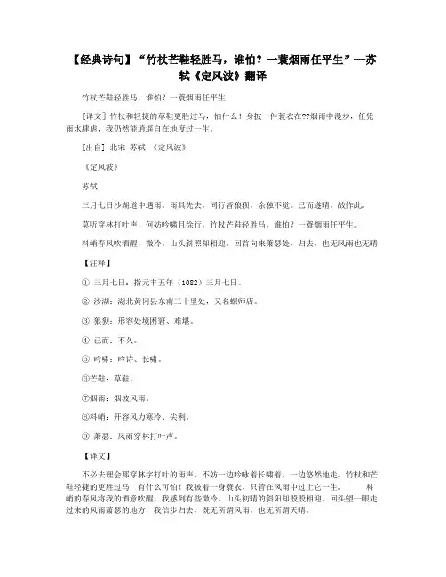 【经典诗句】“竹杖芒鞋轻胜马,谁怕一蓑烟雨任平生”--苏轼《定风波》翻译