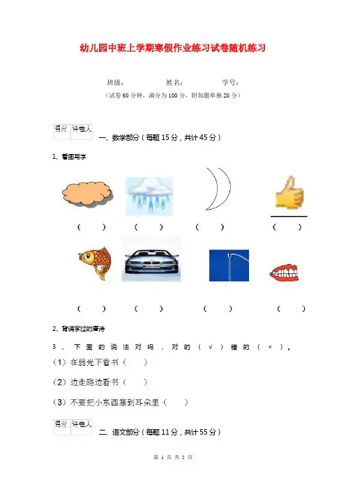 幼儿园中班上学期寒假作业练习试卷随机练习