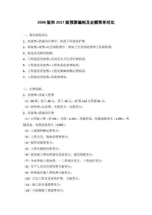 通信工程2008版定额和2017版定额简单对比