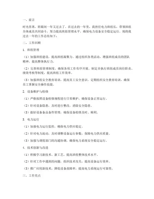 电力班组长个人工作总结