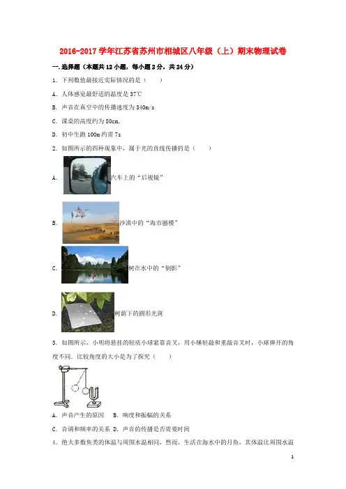 江苏省苏州市相城区八年级物理上学期期末试卷(含解析) 苏科版