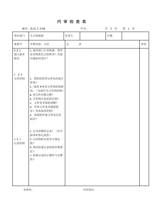 体系审核人力资源部内审检查表