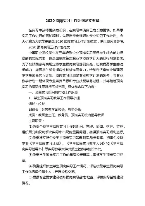 2020顶岗实习工作计划范文五篇