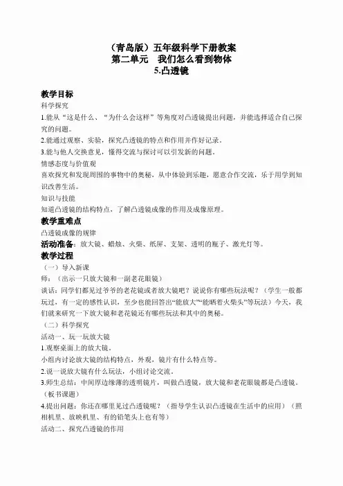 青岛小学科学五下《5.凸透镜》word教案 (6)