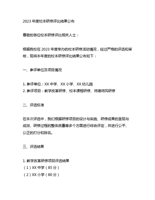 2023年度校本研修评比结果公布表格
