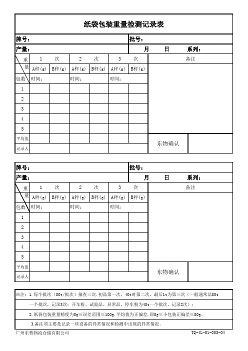 纸袋包装重量检测记录表