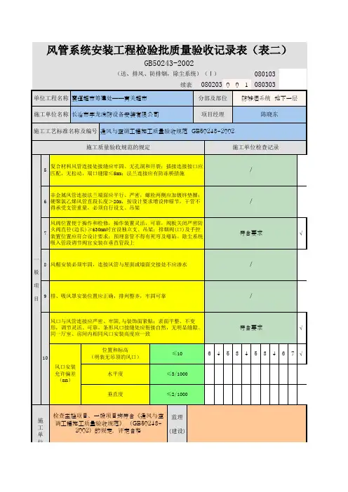 风管系统安装工程检验批质量验收记录表(表二)