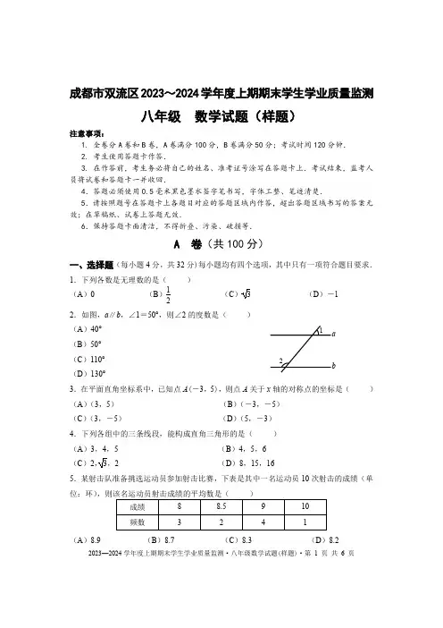 成都市双流区2023-2024学年八年级数学上期期末试题及答案(pdf版)
