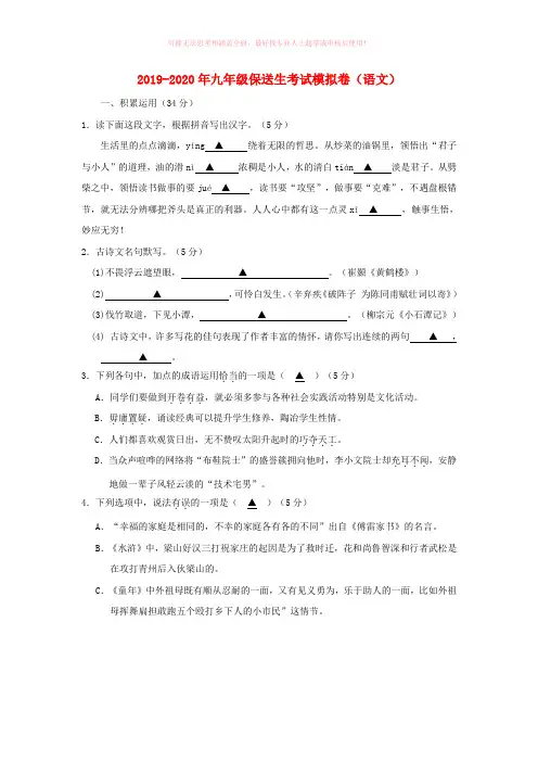 2019-2020年九年级保送生考试模拟卷(语文)
