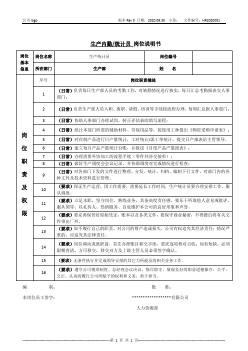 生产统计员岗位说明书(实用干货)