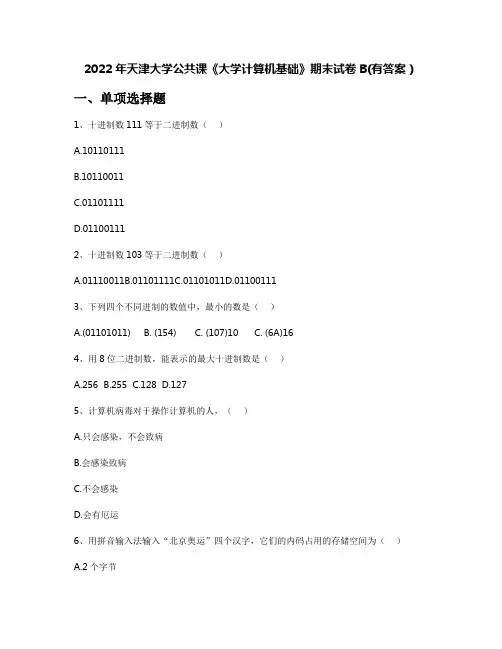 2022年天津大学公共课《大学计算机基础》期末试卷B(有答案)
