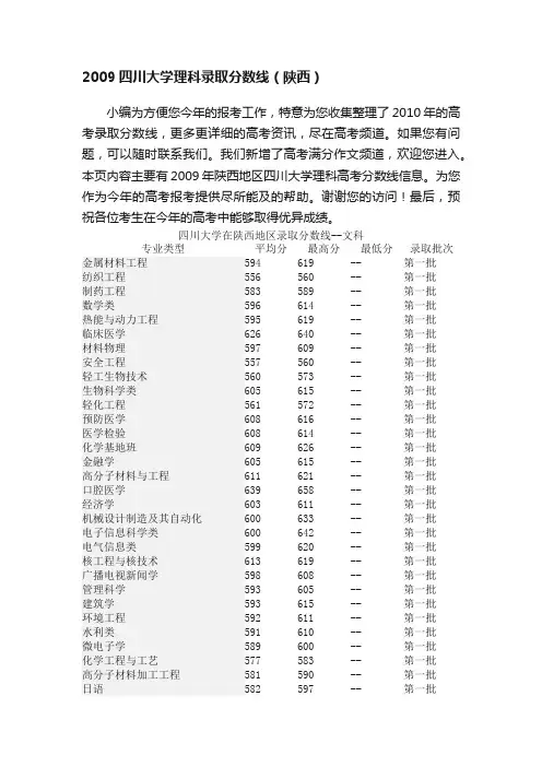 2009四川大学理科录取分数线（陕西）