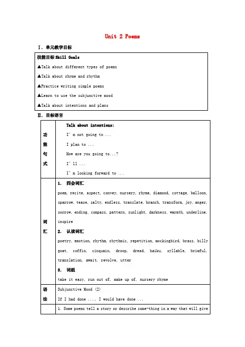 高中英语 Unit 2 Poems教案 新人教版选修6