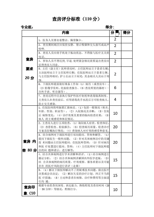教学查房及体格检查评分标准