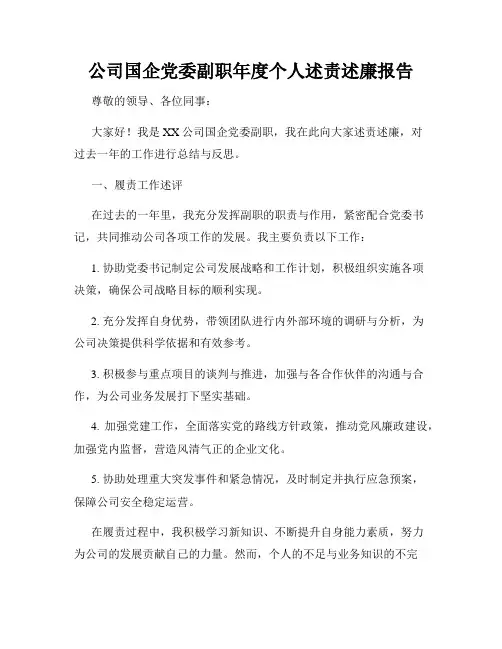 公司国企党委副职年度个人述责述廉报告