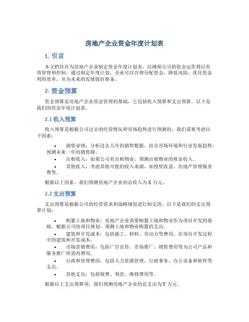 房地产企业资金年度计划表