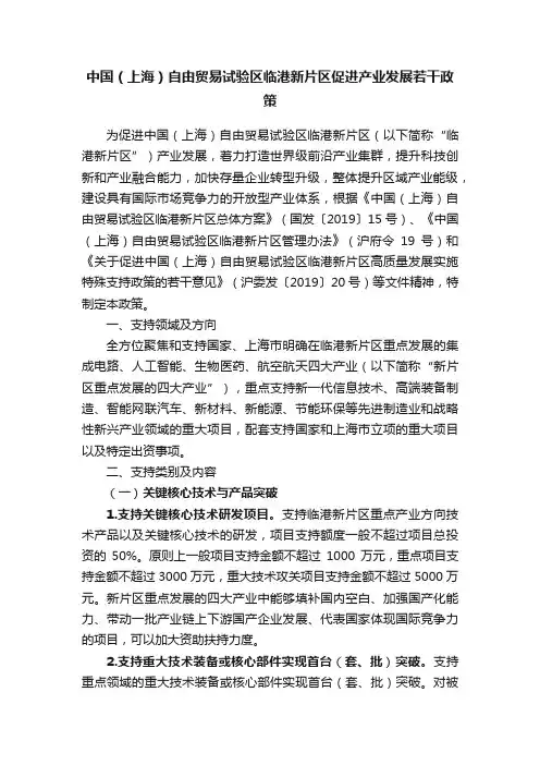 中国（上海）自由贸易试验区临港新片区促进产业发展若干政策