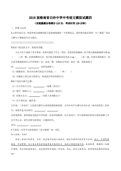 精品解析：海南省白沙县白沙中学2018届九年级中考模拟语文试题(原卷版)